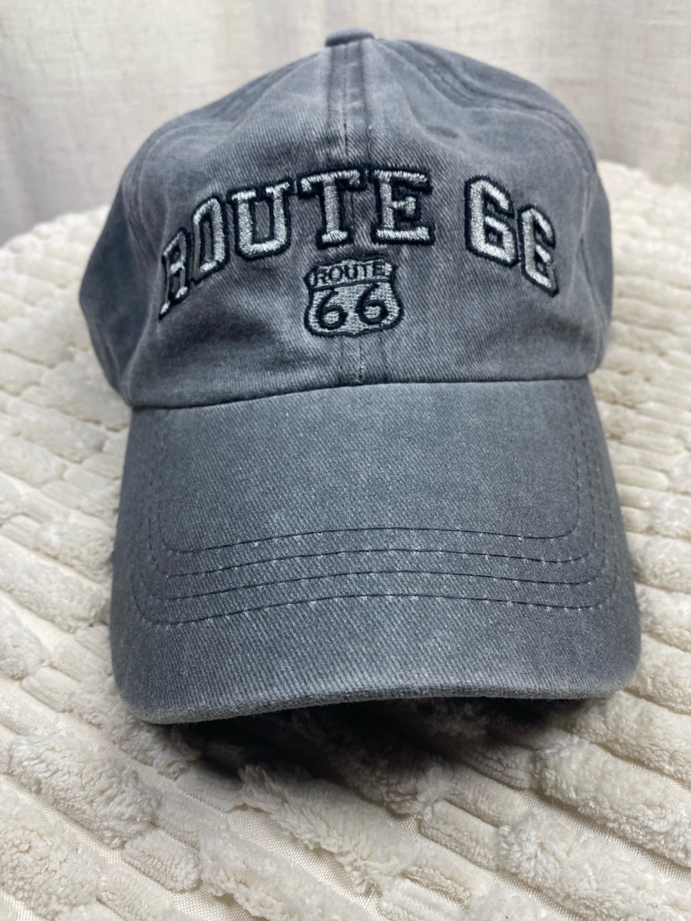 Route 66 Baseball Cap Grey Washed Cotton Embroidered Distressed Dad Hat